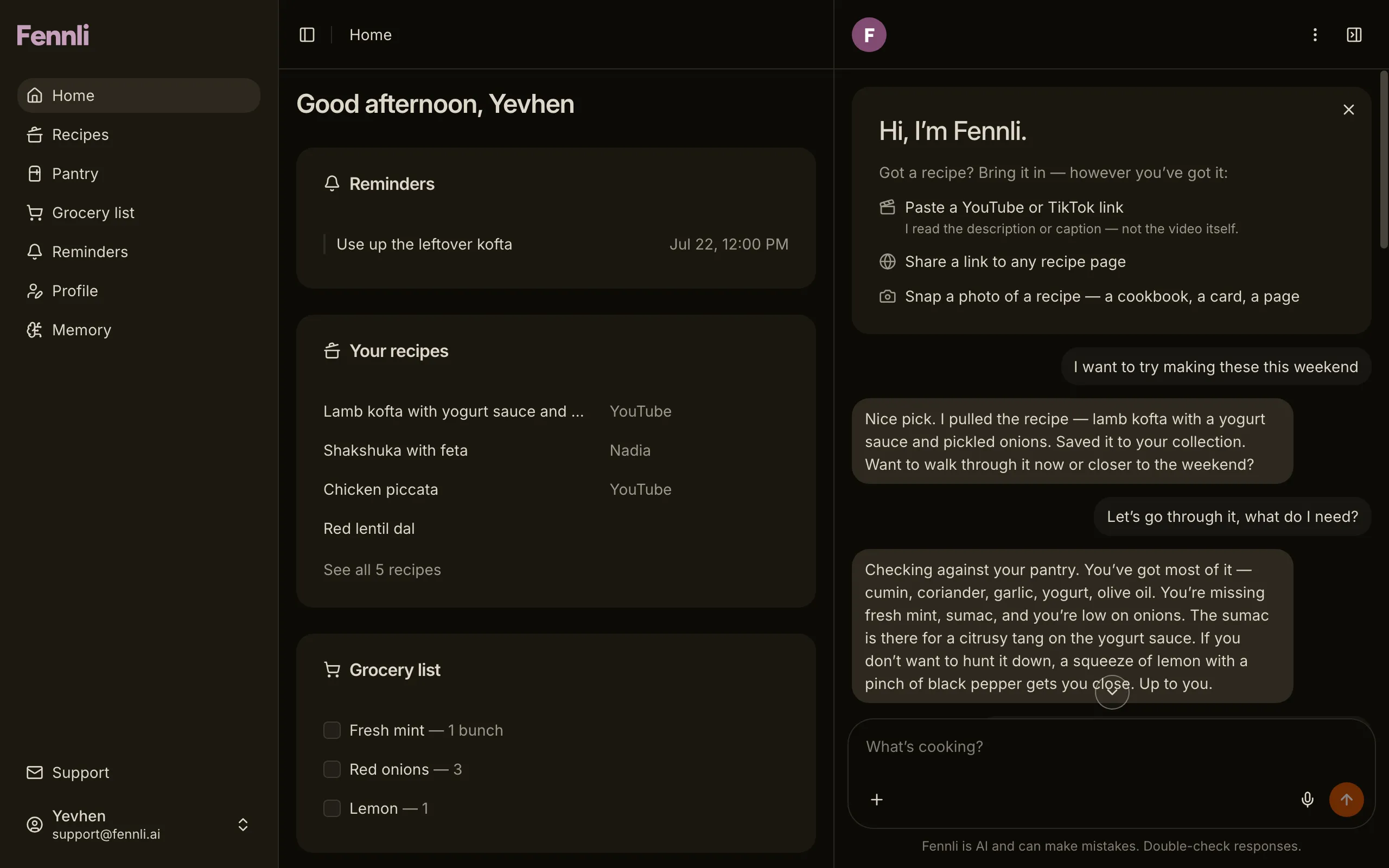 The Fennli app: a chat about lamb kofta open beside the home screen, with reminders, saved recipes and a grocery list.