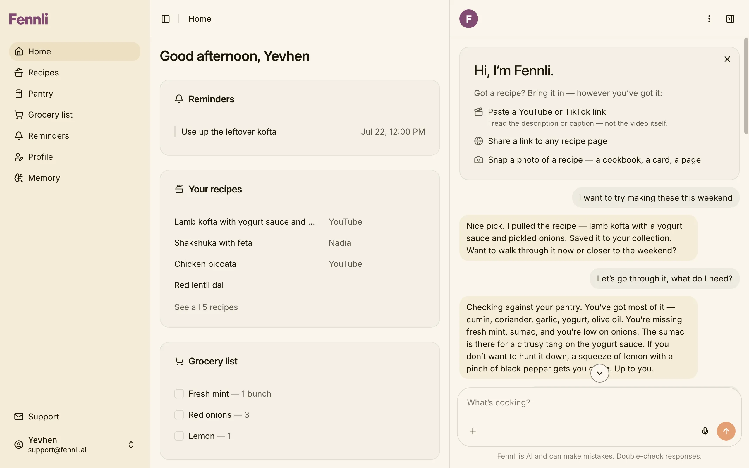 The Fennli app: a chat about lamb kofta open beside the home screen, with reminders, saved recipes and a grocery list.